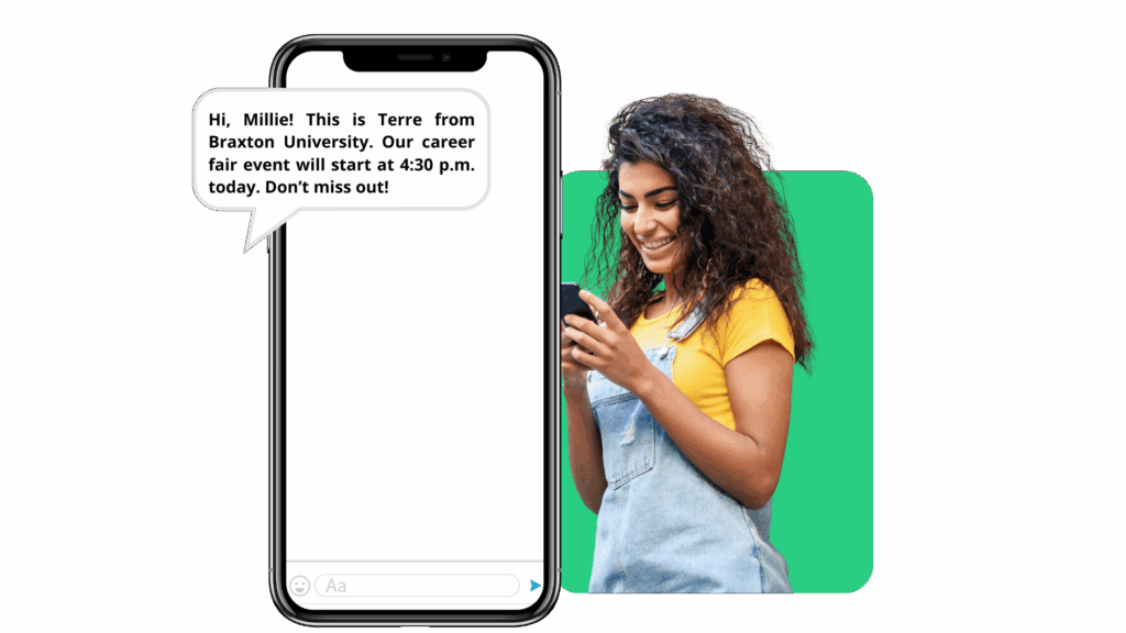 Woman receiving a mass text from a university