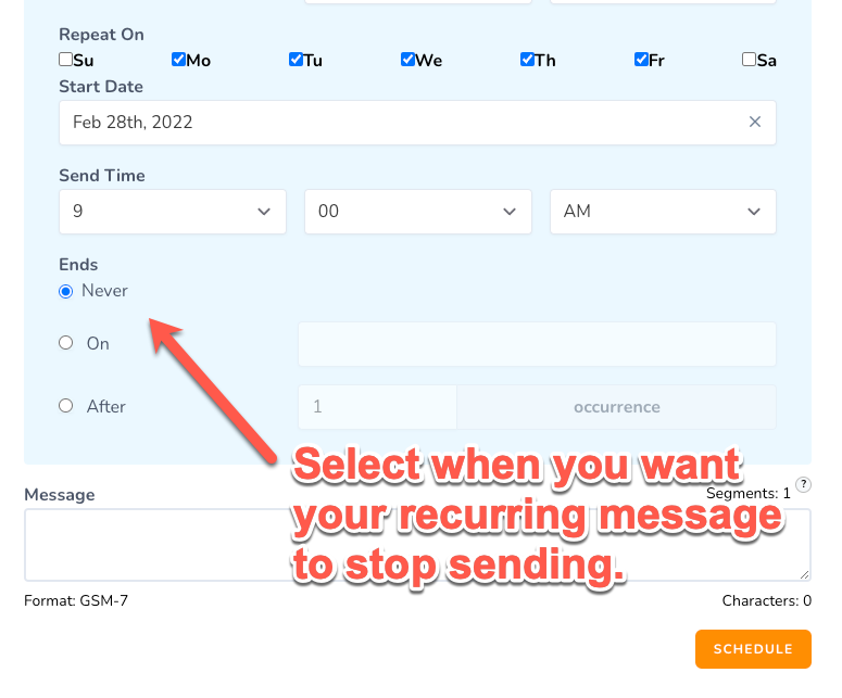 select when recurring text campaign ends