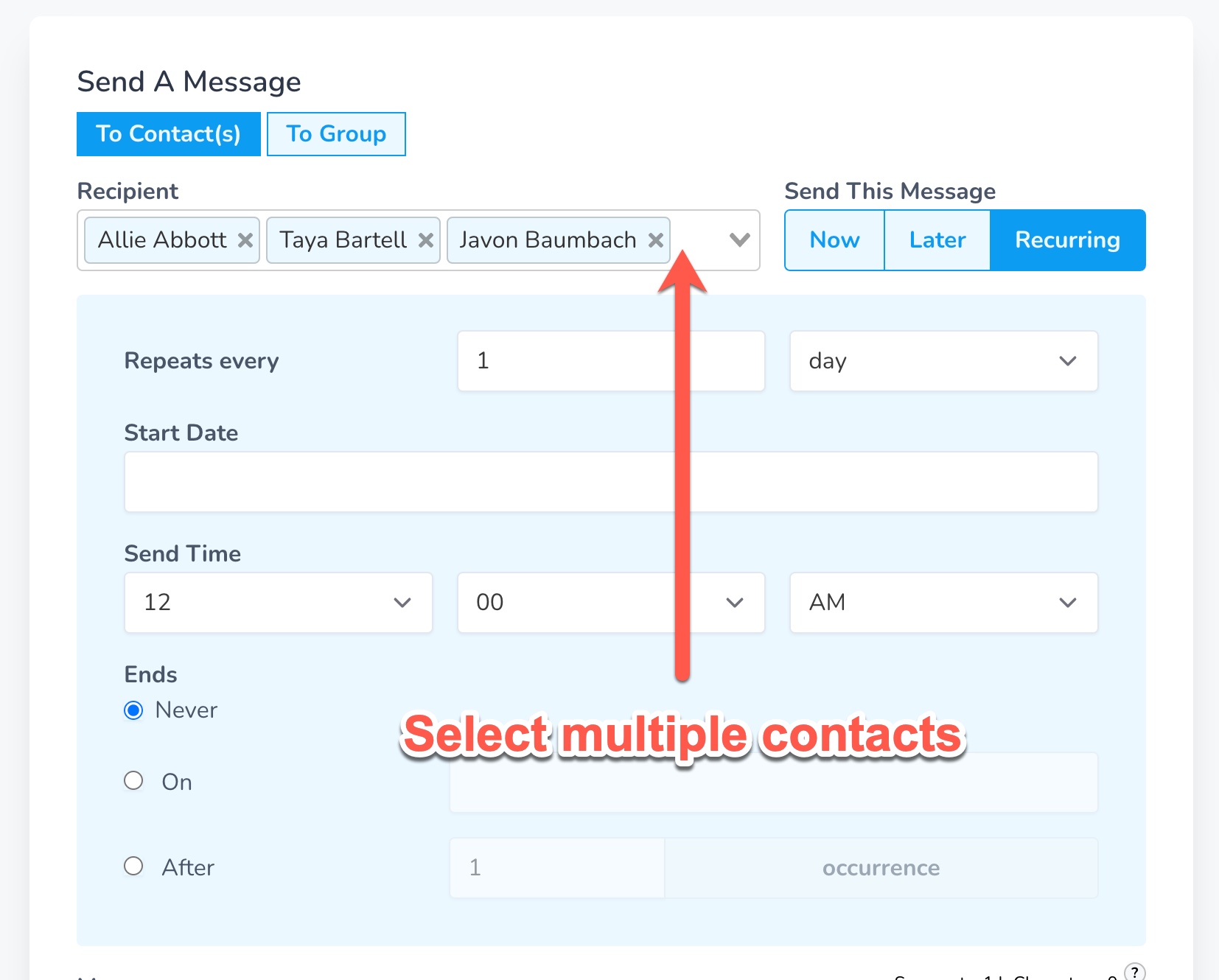 select multiple contacts to send a repeat text to