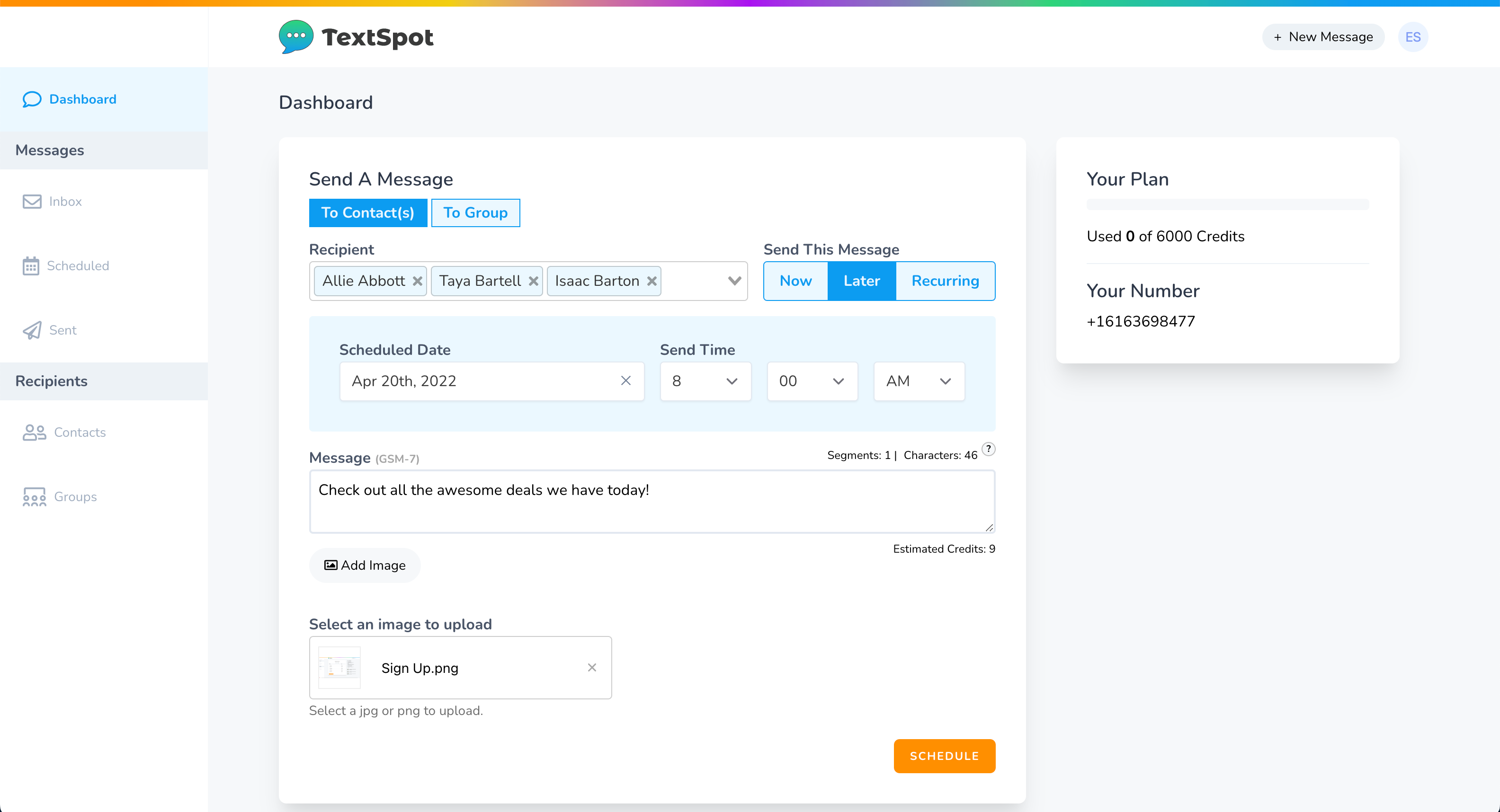 textspot dashboard screenshot