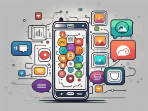 A smartphone surrounded by various colorful app icons representing automated text messaging features