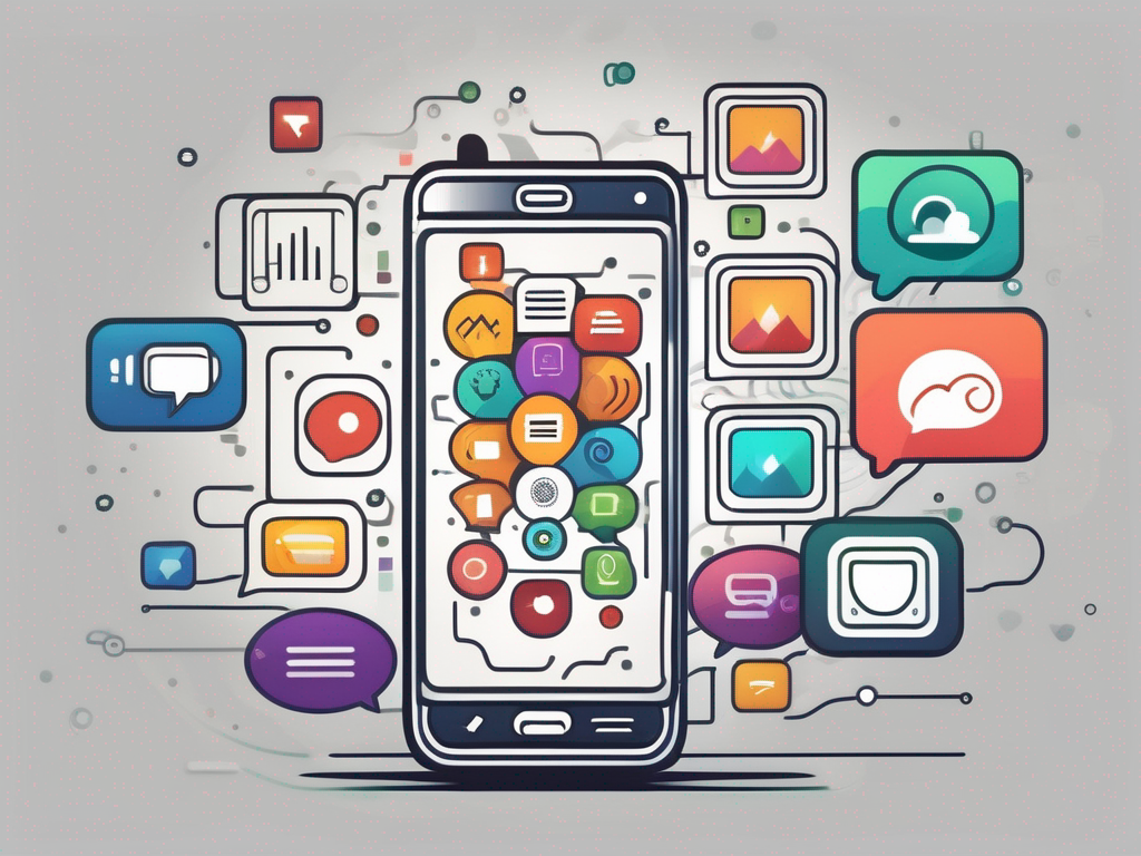 A smartphone surrounded by various colorful app icons representing automated text messaging features