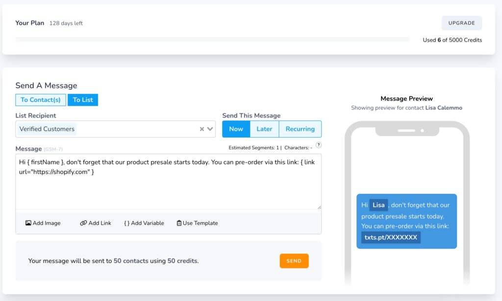 mass texting service screenshot