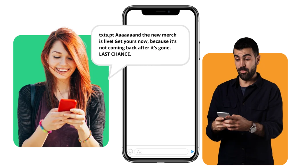 Two influencers and a mockup of an iphone showing them using TextSpot