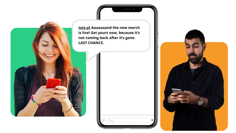 Two influencers and a mockup of an iphone showing them using TextSpot