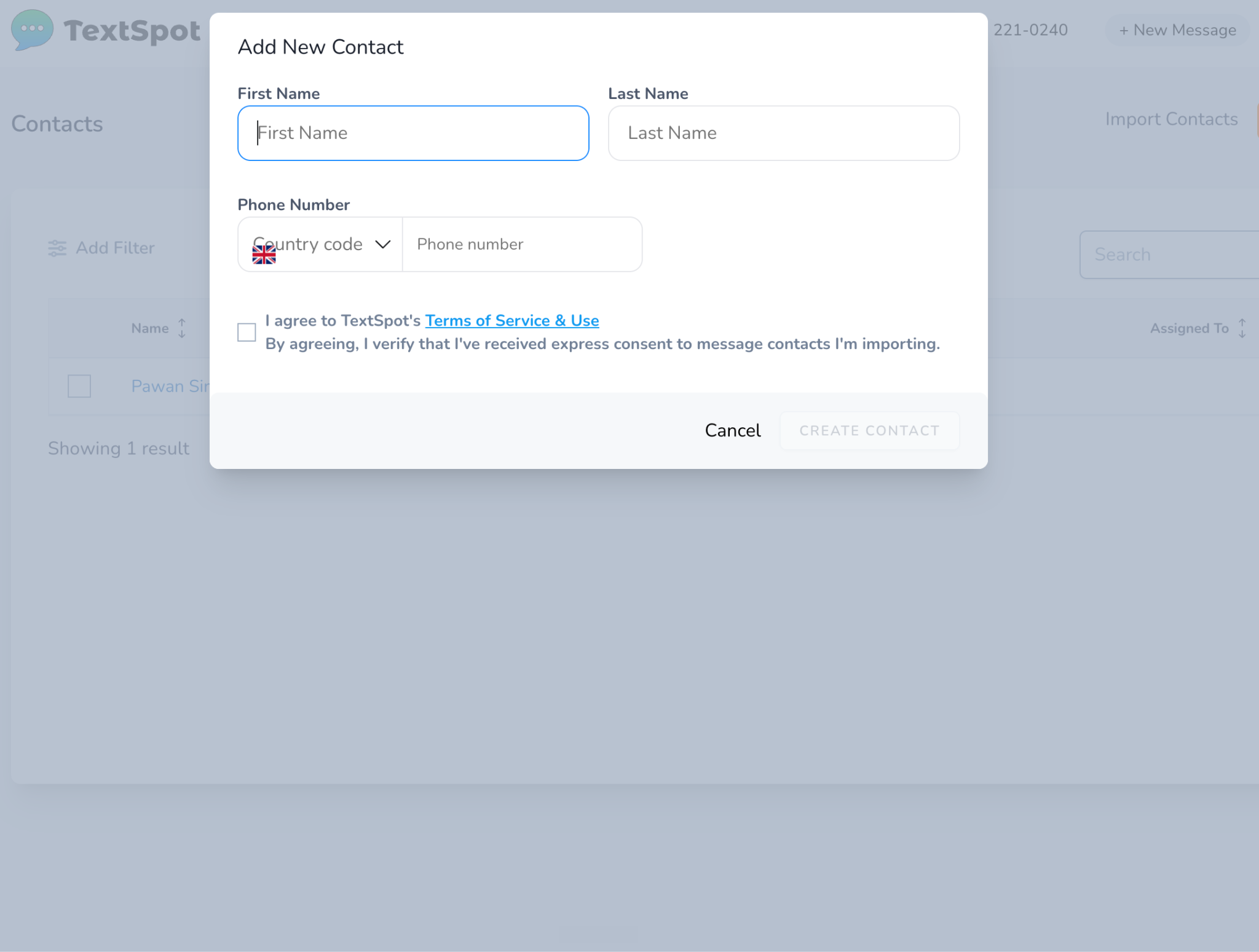 Adding A Contact in TextSpot