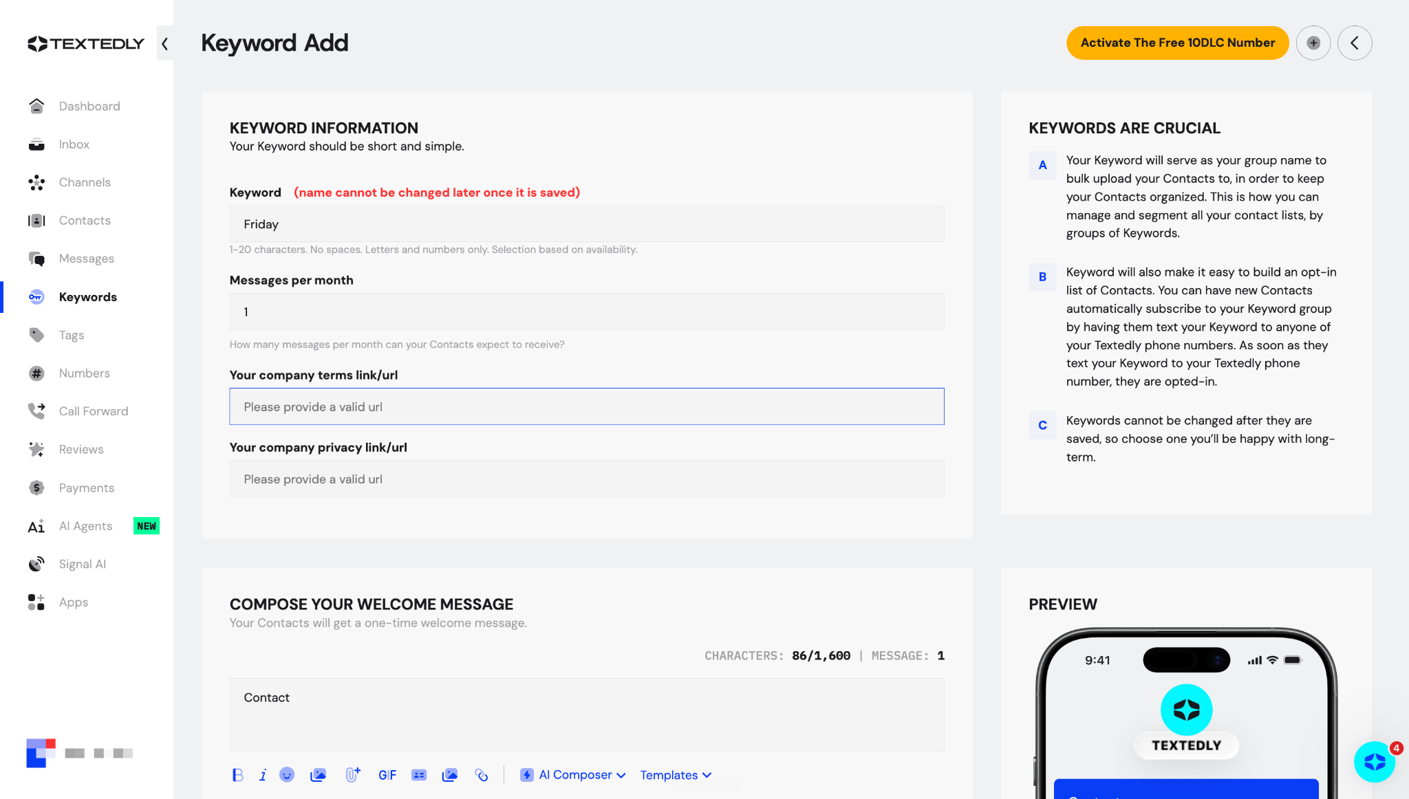 Creating A Keyword in Textedly