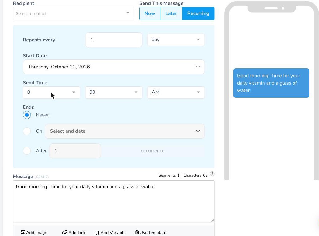 TextSpot recurring message settings: repeats every 1 day, start date, 8:00 AM send time, ends never, with a one-segment message preview